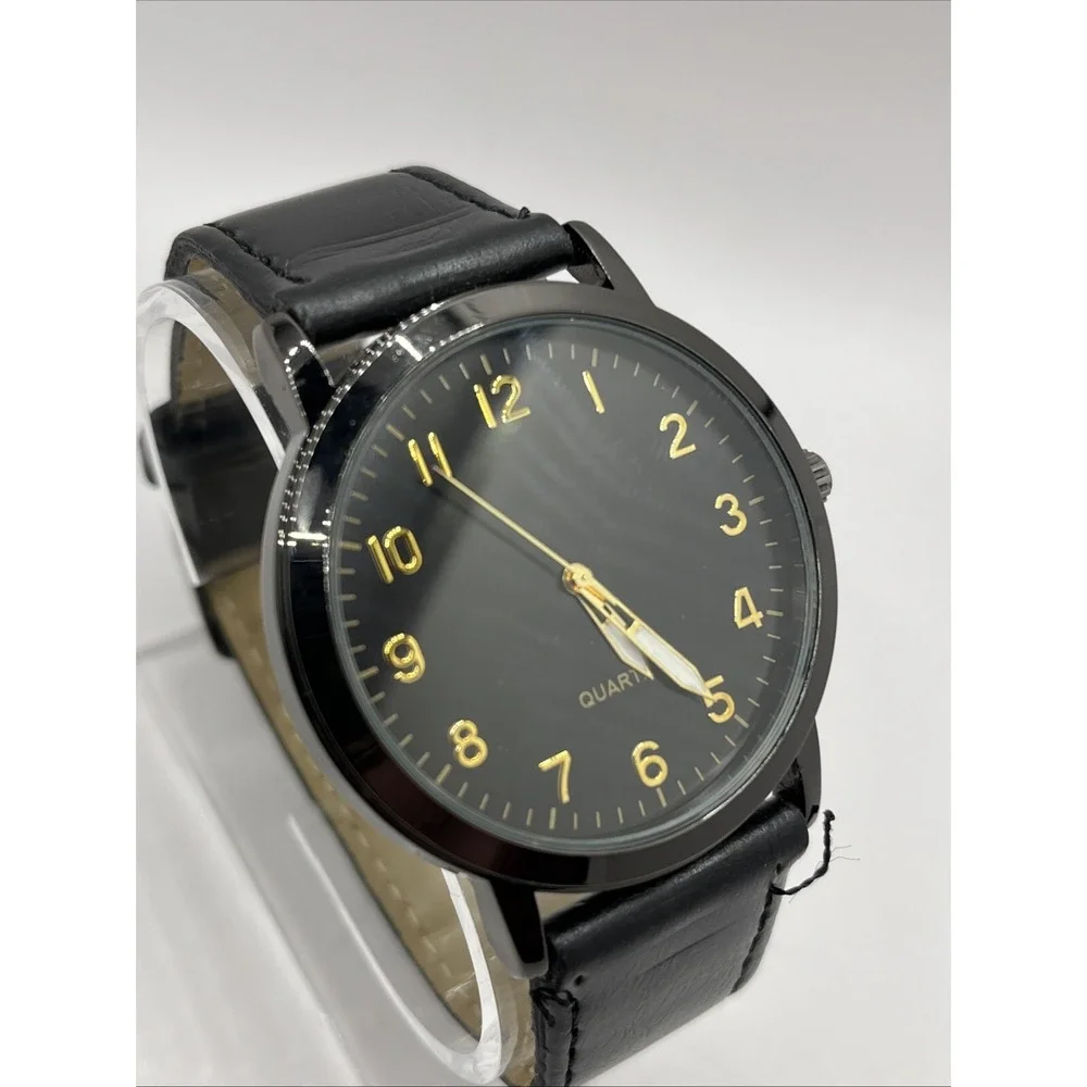 Men's Quartz Watch Black Faux Leather Band Silver‎ 42mm Case- New Battery